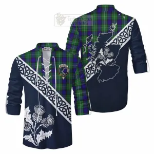 Alexander Tartan Ghillie Kilt Shirt Featuring Thistle and Scotland Map