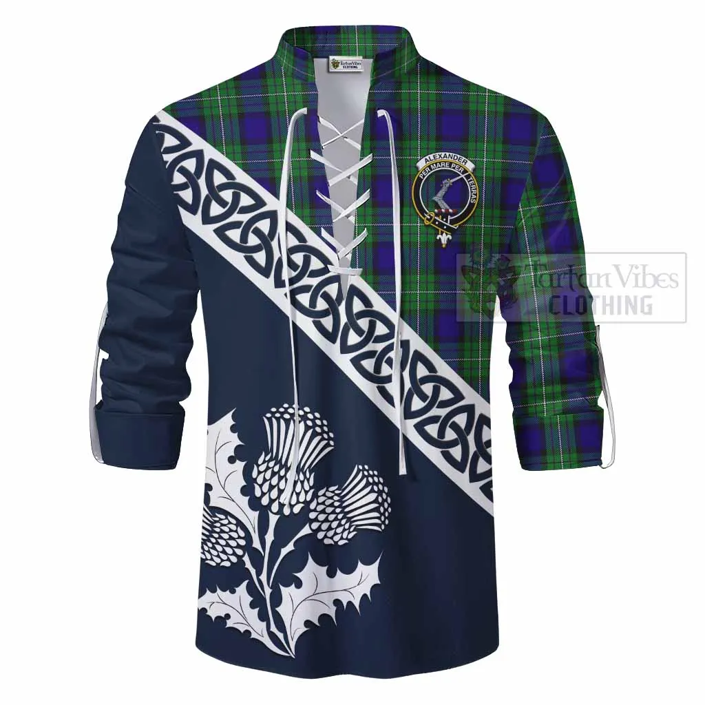 Alexander Tartan Ghillie Kilt Shirt Featuring Thistle and Scotland Map