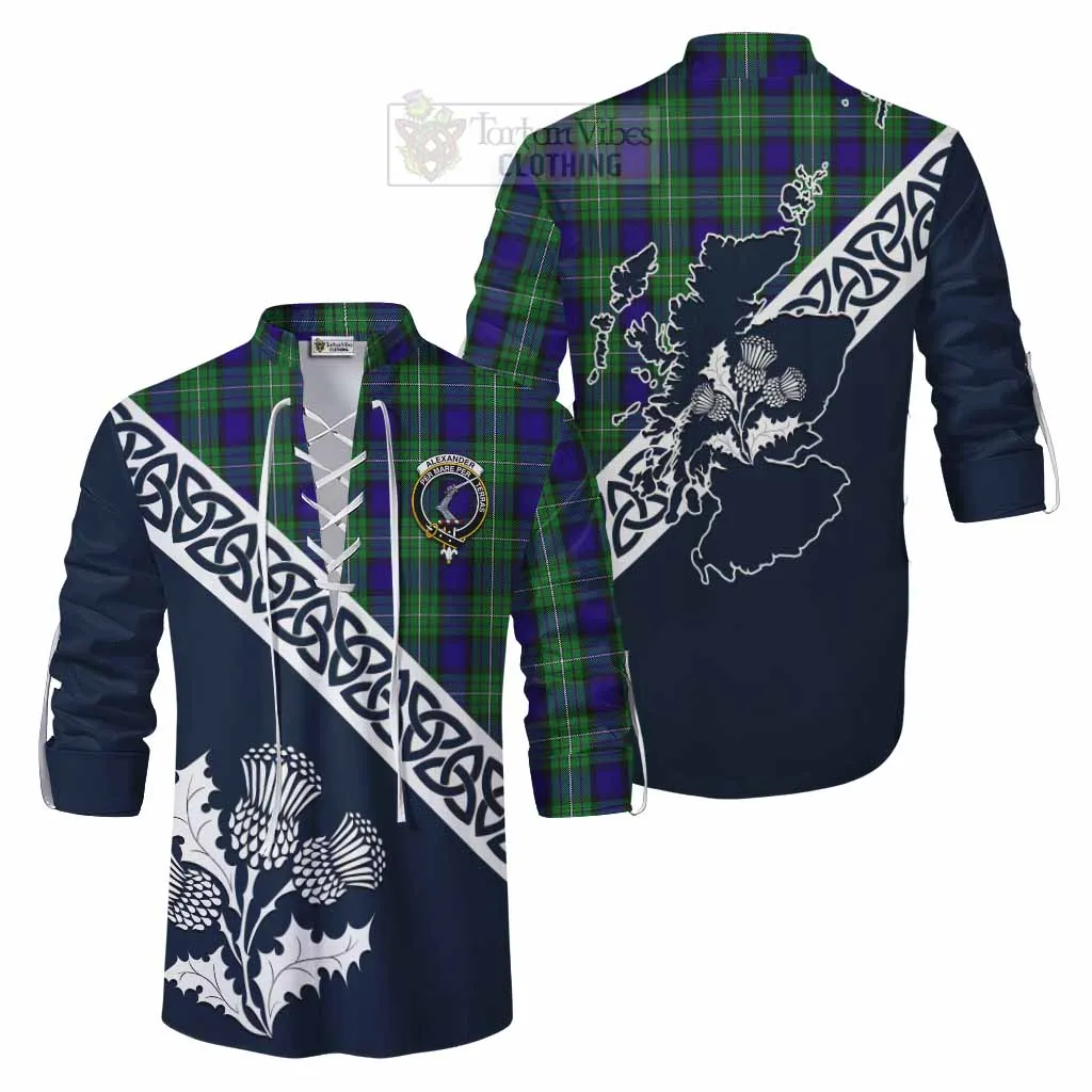 Alexander Tartan Ghillie Kilt Shirt Featuring Thistle and Scotland Map