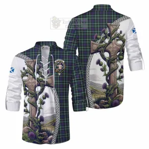 Allardice Tartan Ghillie Kilt Shirt with Family Crest and St. Andrew's Cross Accented by Thistle Vines