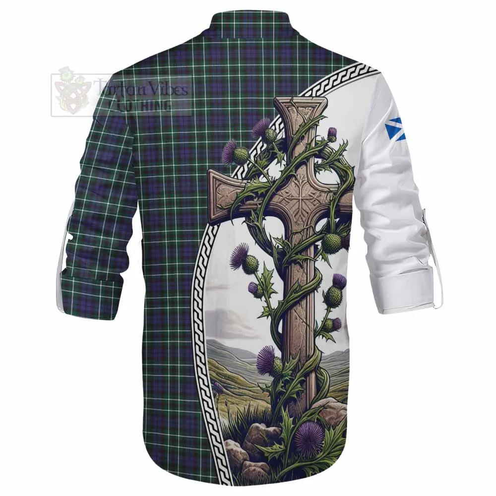 Allardice Tartan Ghillie Kilt Shirt with Family Crest and St. Andrew's Cross Accented by Thistle Vines
