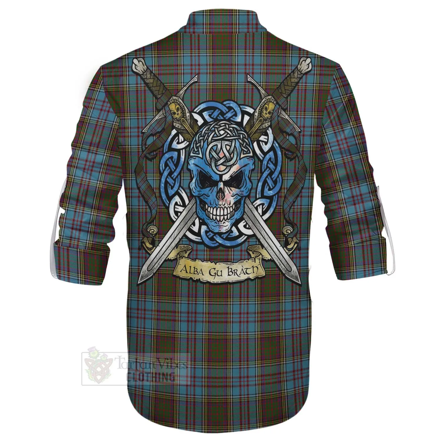 Anderson Tartan Ghillie Kilt Shirt with Family Crest Celtic Skull Style