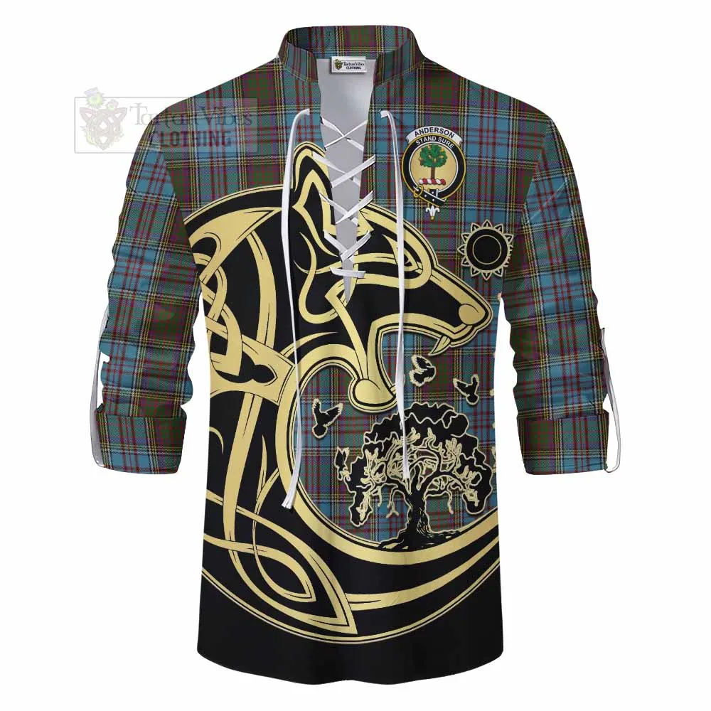 Anderson Tartan Ghillie Kilt Shirt with Family Crest Celtic Wolf Style