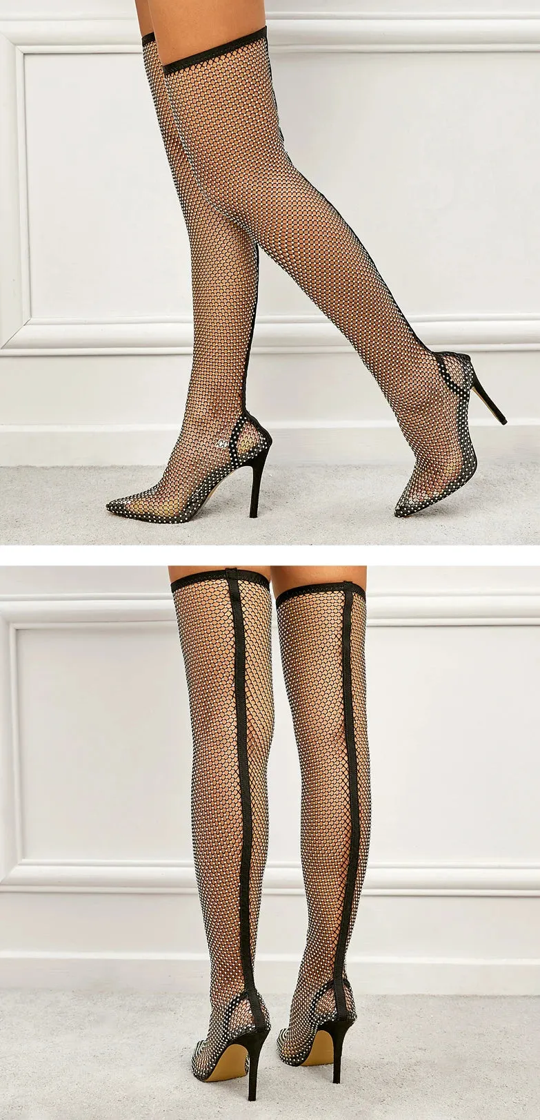 Aneikeh Sexy Bling Rhinestone Mesh Shoes Over The Knee Boots Women Pointed Toe Sandals Nightclub High Heels Botas Femininas 2024