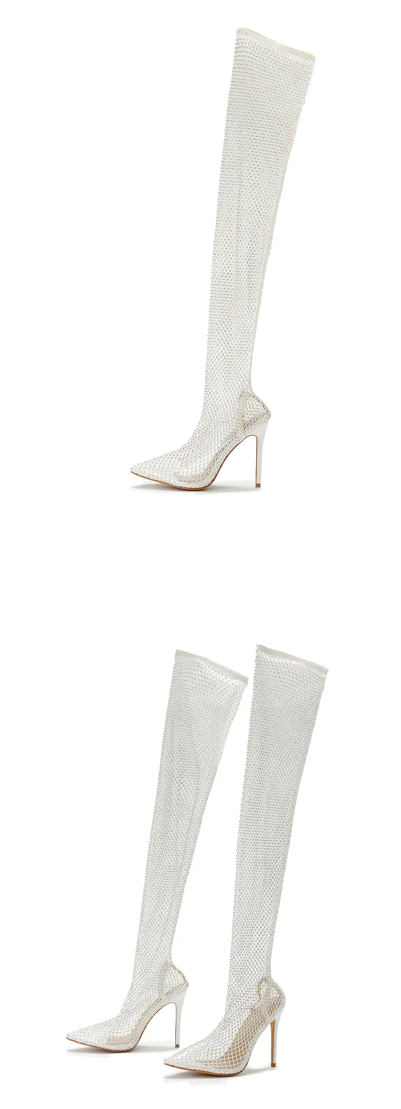 Aneikeh Sexy Bling Rhinestone Mesh Shoes Over The Knee Boots Women Pointed Toe Sandals Nightclub High Heels Botas Femininas 2024