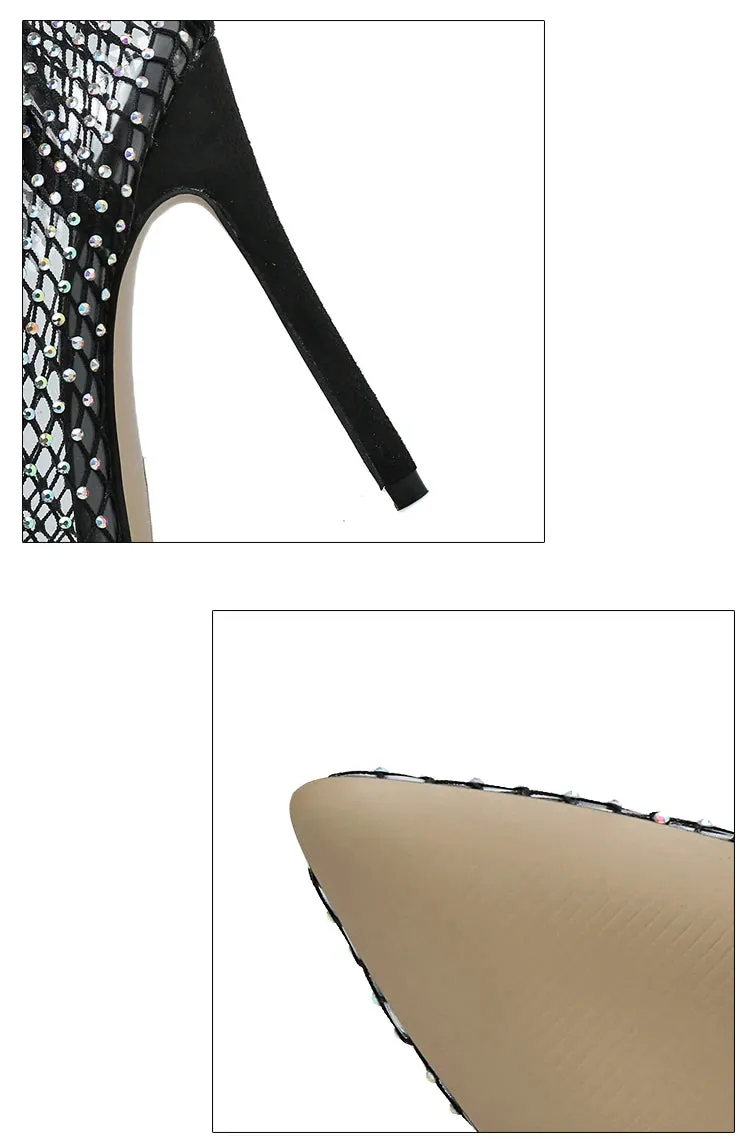 Aneikeh Sexy Bling Rhinestone Mesh Shoes Over The Knee Boots Women Pointed Toe Sandals Nightclub High Heels Botas Femininas 2024