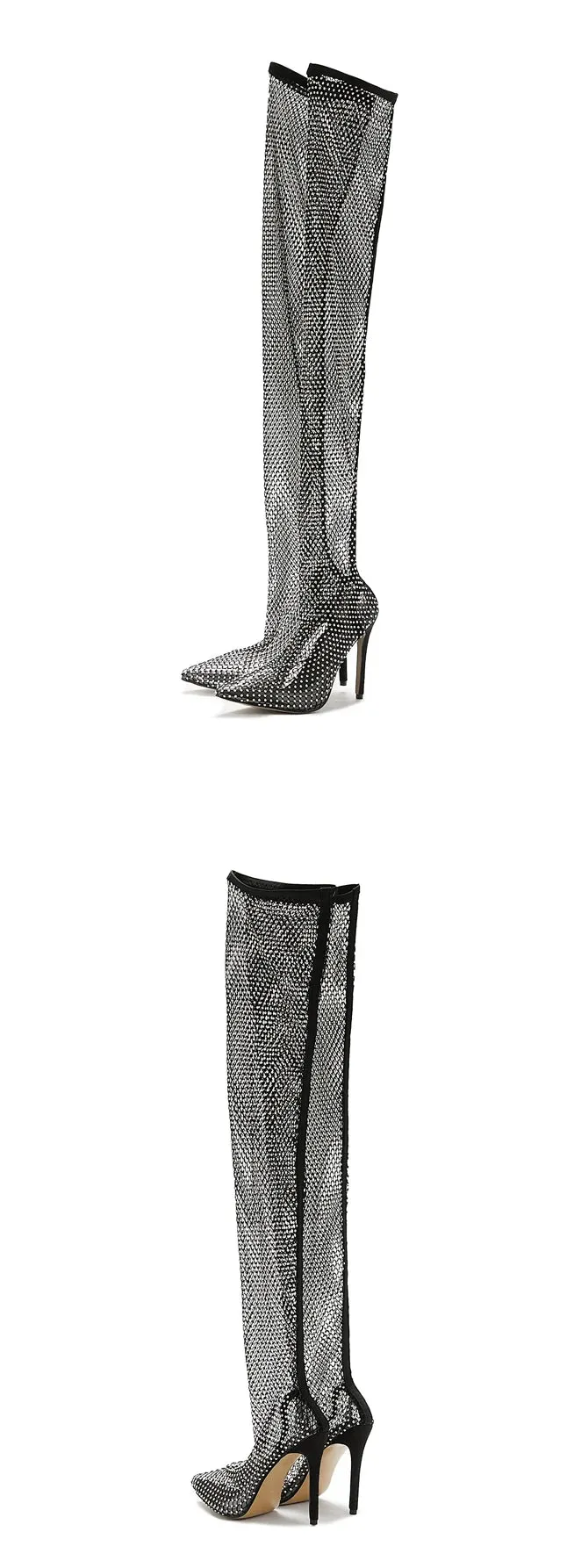 Aneikeh Sexy Bling Rhinestone Mesh Shoes Over The Knee Boots Women Pointed Toe Sandals Nightclub High Heels Botas Femininas 2024