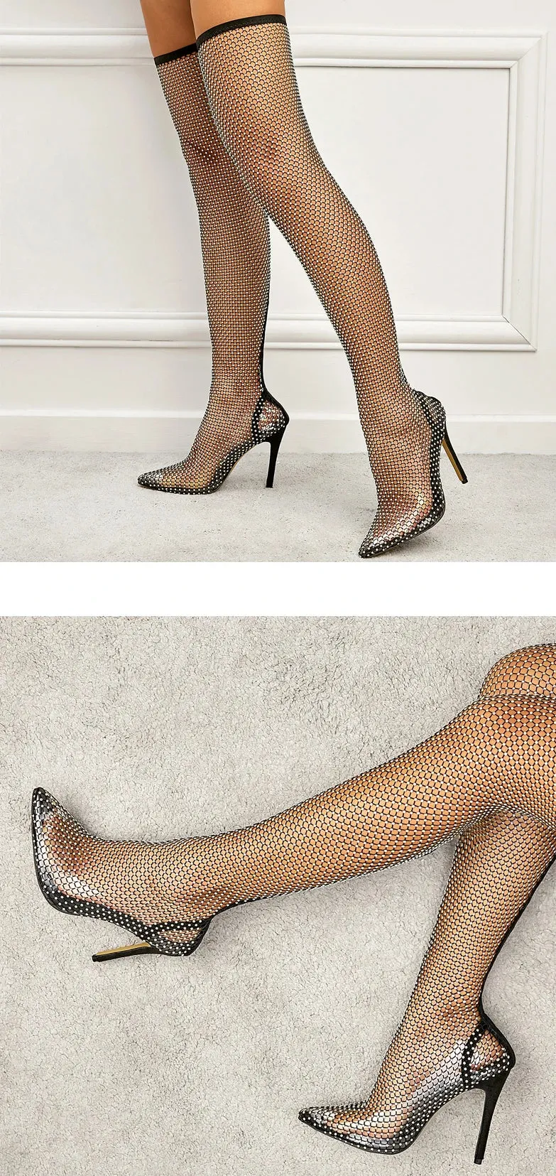 Aneikeh Sexy Bling Rhinestone Mesh Shoes Over The Knee Boots Women Pointed Toe Sandals Nightclub High Heels Botas Femininas 2024