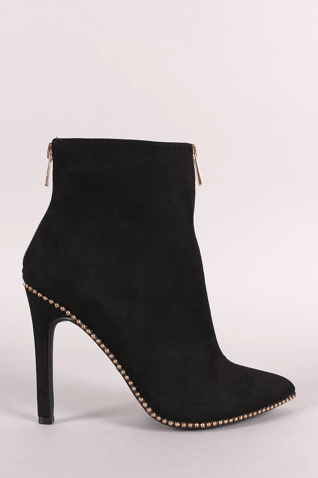 Anne Michelle Vegan Suede Beaded Trim Pointy Toe Stiletto Booties