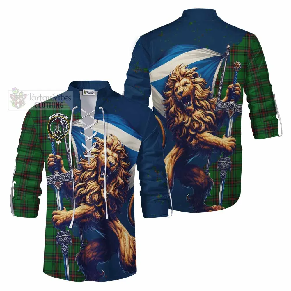 Anstruther Tartan Family Crest Ghillie Kilt Shirt with Scottish Majestic Lion