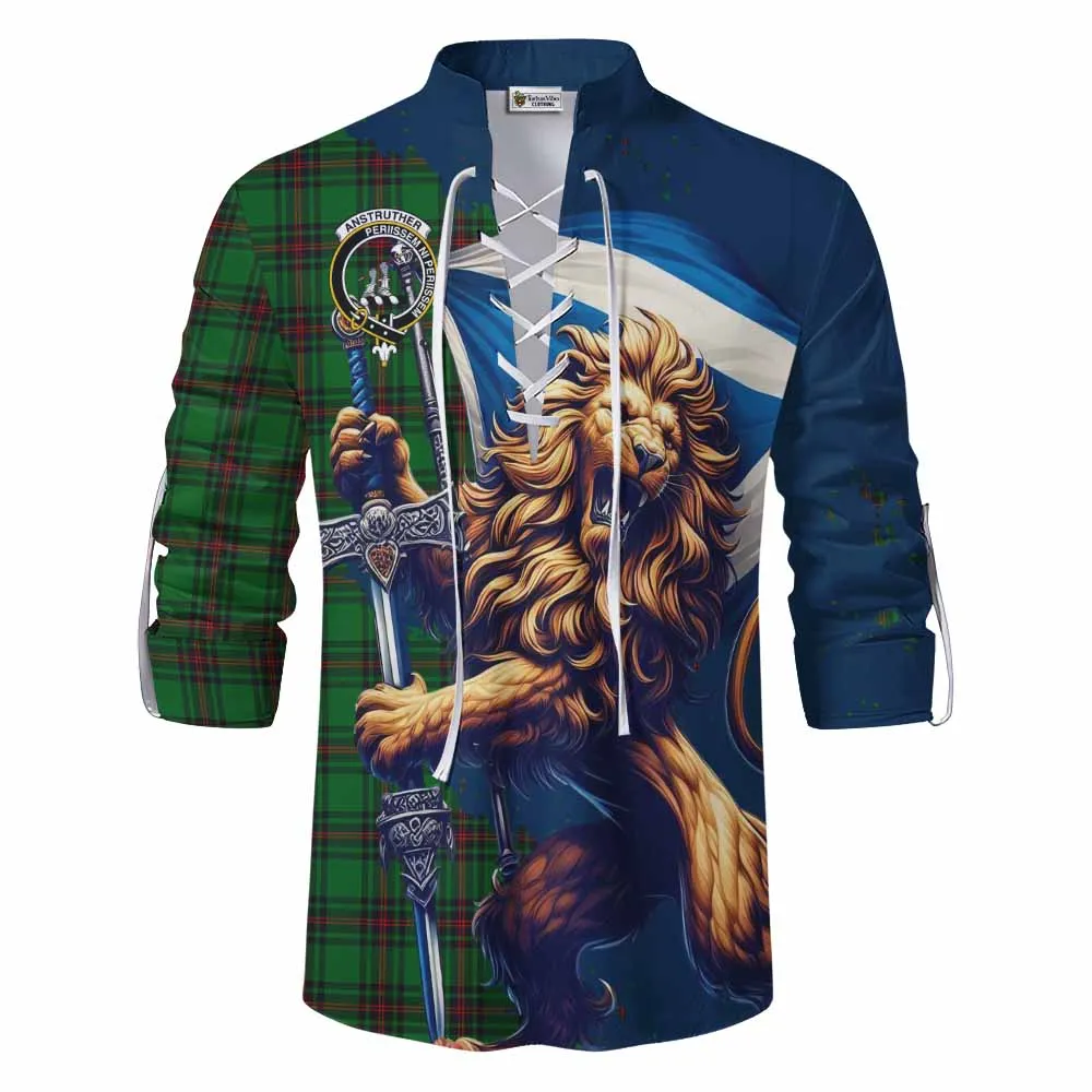 Anstruther Tartan Family Crest Ghillie Kilt Shirt with Scottish Majestic Lion