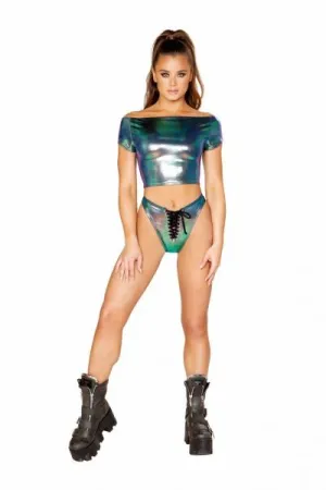 Aqua - Holo Foil Lace-Up Bottom -