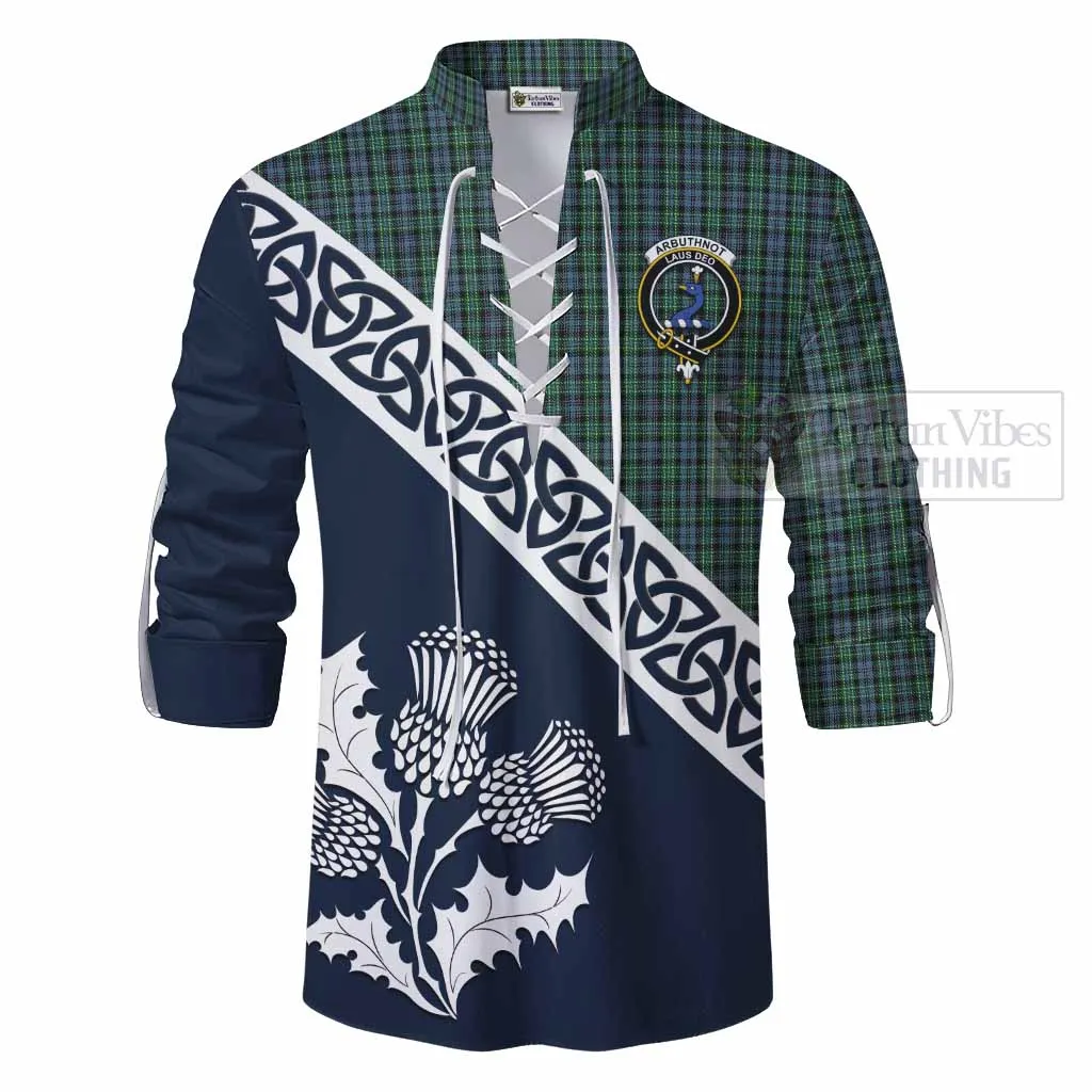 Arbuthnot Tartan Ghillie Kilt Shirt Featuring Thistle and Scotland Map