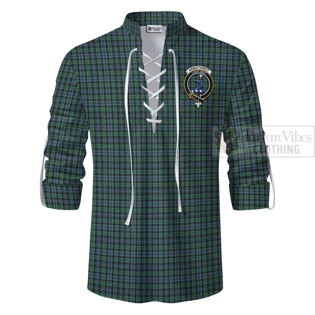 Arbuthnot Tartan Ghillie Kilt Shirt with Family Crest and Bearded Skull Holding Bottles of Whiskey