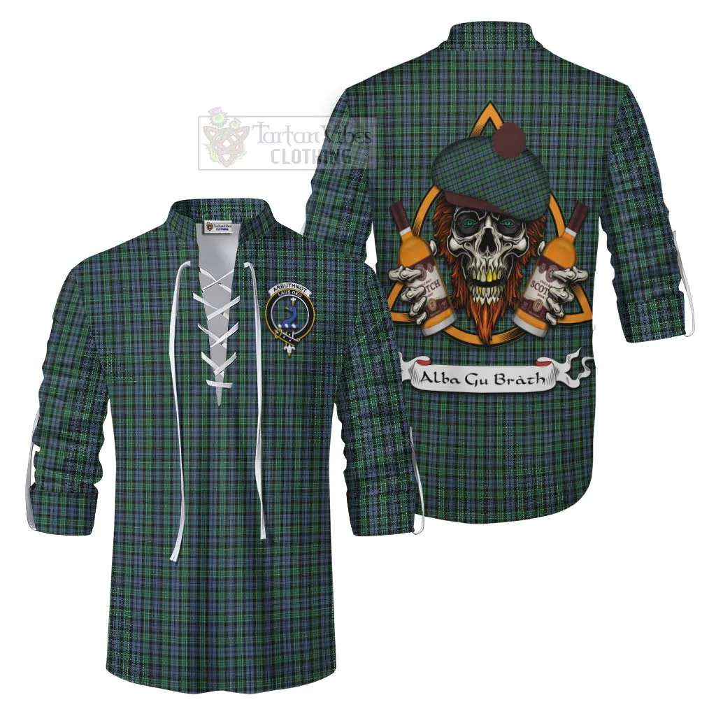 Arbuthnot Tartan Ghillie Kilt Shirt with Family Crest and Bearded Skull Holding Bottles of Whiskey