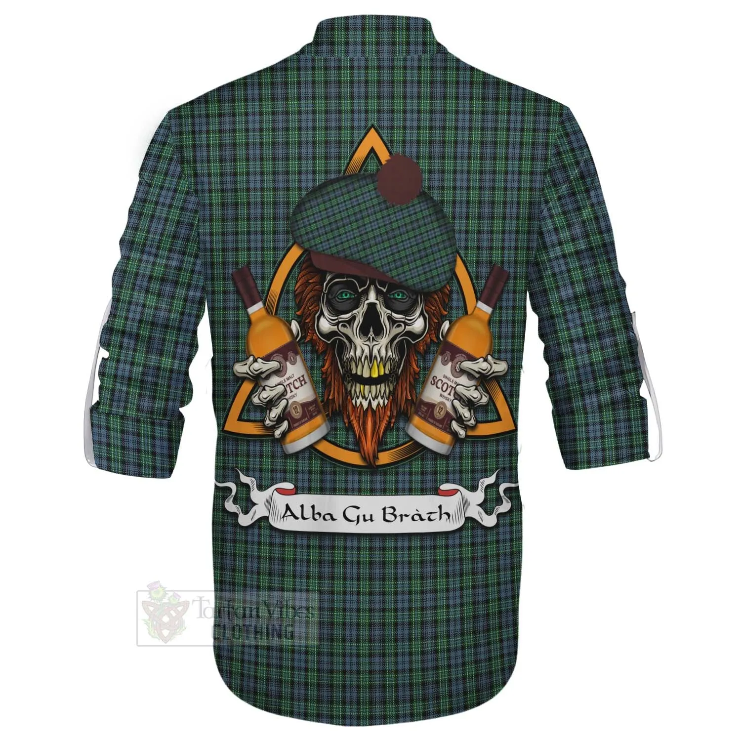 Arbuthnot Tartan Ghillie Kilt Shirt with Family Crest and Bearded Skull Holding Bottles of Whiskey
