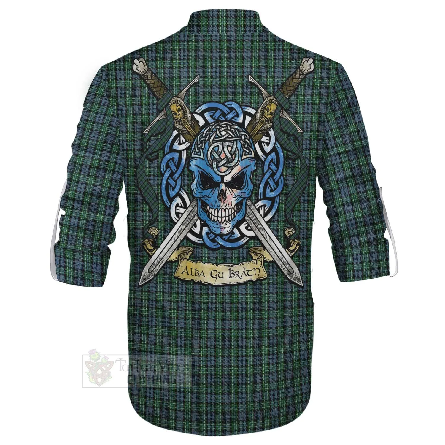 Arbuthnot Tartan Ghillie Kilt Shirt with Family Crest Celtic Skull Style