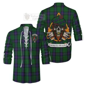 Armstrong Tartan Ghillie Kilt Shirt with Family Crest and Bearded Skull Holding Bottles of Whiskey