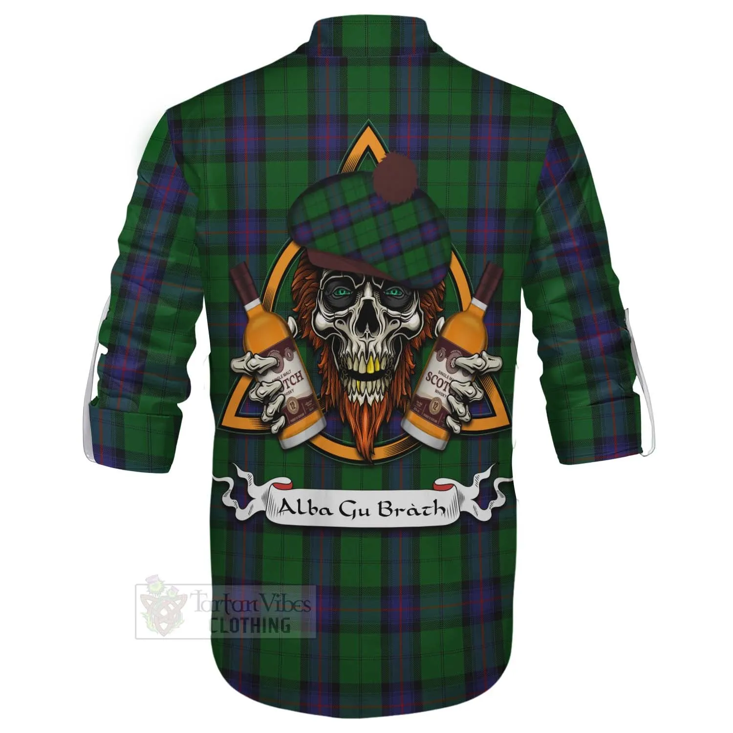 Armstrong Tartan Ghillie Kilt Shirt with Family Crest and Bearded Skull Holding Bottles of Whiskey