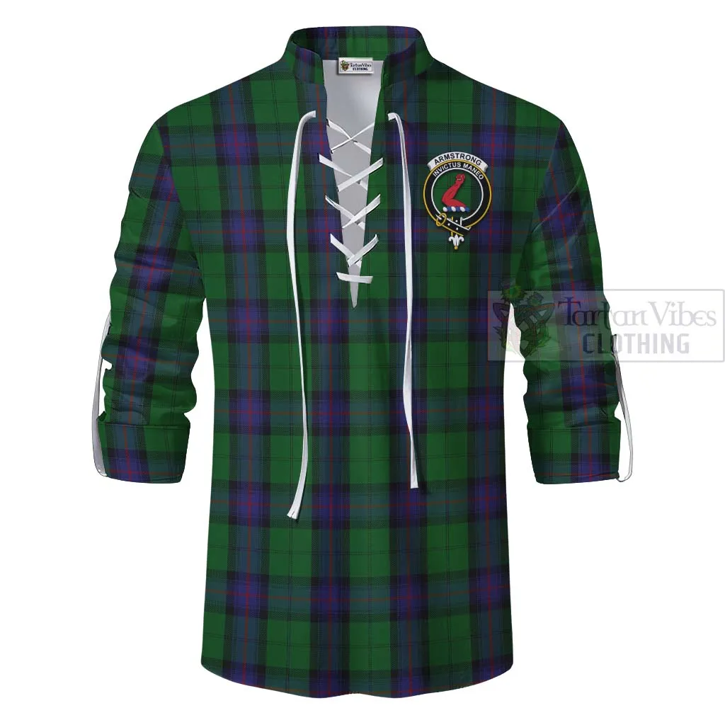 Armstrong Tartan Ghillie Kilt Shirt with Family Crest and Bearded Skull Holding Bottles of Whiskey