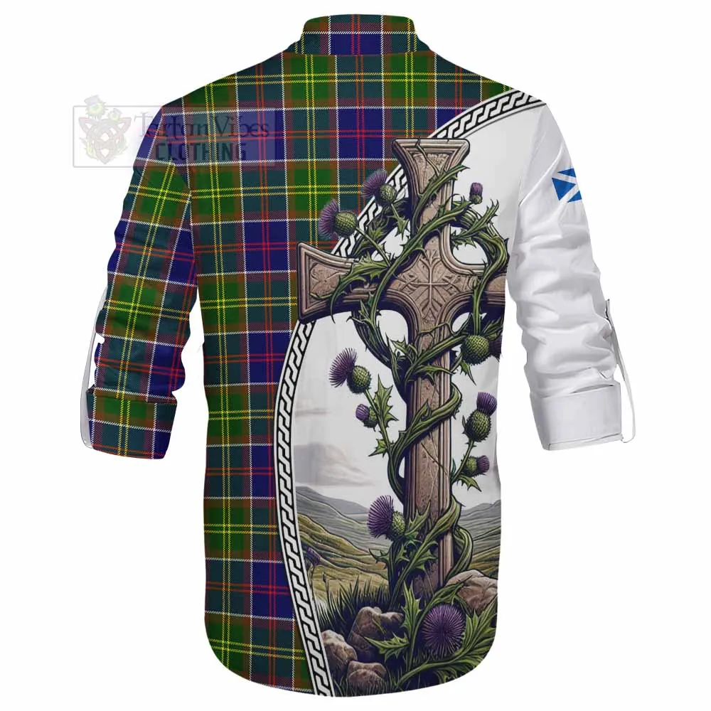 Arnott Tartan Ghillie Kilt Shirt with Family Crest and St. Andrew's Cross Accented by Thistle Vines