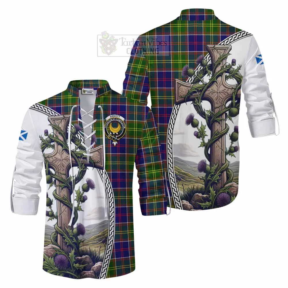 Arnott Tartan Ghillie Kilt Shirt with Family Crest and St. Andrew's Cross Accented by Thistle Vines