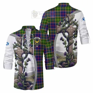 Arnott Tartan Ghillie Kilt Shirt with Family Crest and St. Andrew's Cross Accented by Thistle Vines