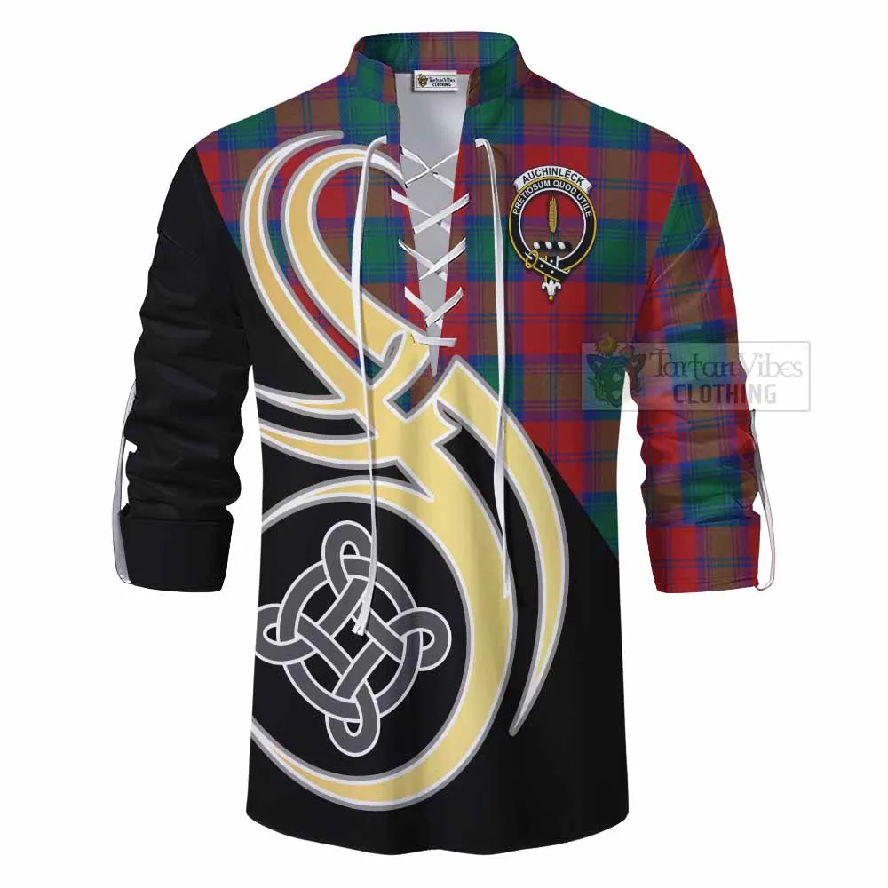 Auchinleck (Affleck) Tartan Ghillie Kilt Shirt with Family Crest and Celtic Symbol Style