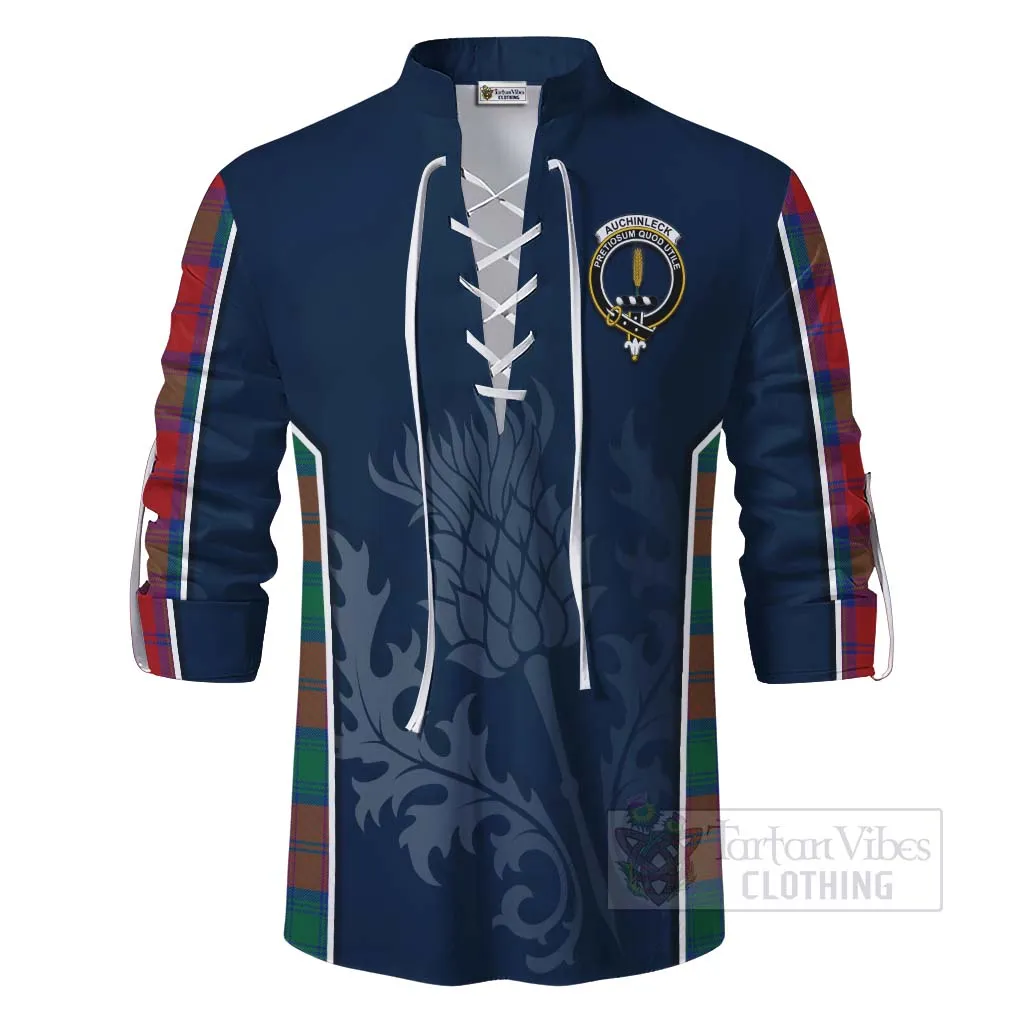 Auchinleck (Affleck) Tartan Ghillie Kilt Shirt with Family Crest and Scottish Thistle Vibes Sport Style