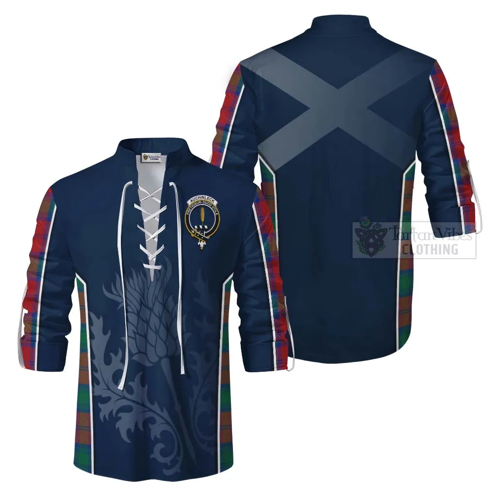 Auchinleck (Affleck) Tartan Ghillie Kilt Shirt with Family Crest and Scottish Thistle Vibes Sport Style