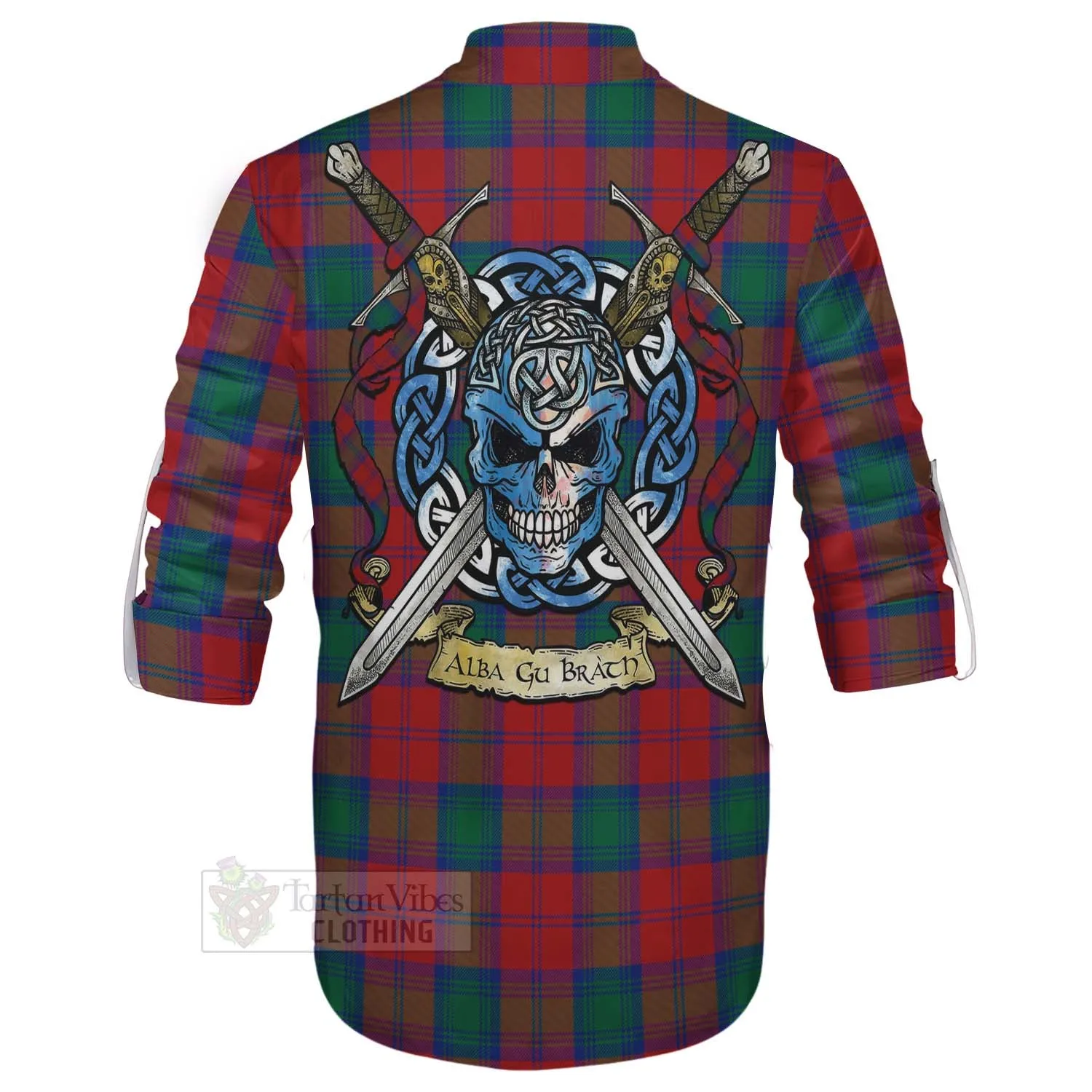 Auchinleck (Affleck) Tartan Ghillie Kilt Shirt with Family Crest Celtic Skull Style