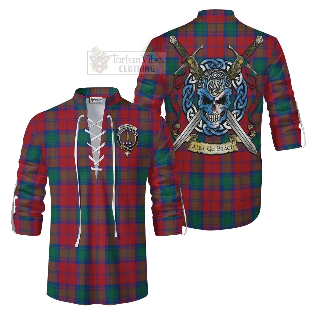 Auchinleck (Affleck) Tartan Ghillie Kilt Shirt with Family Crest Celtic Skull Style