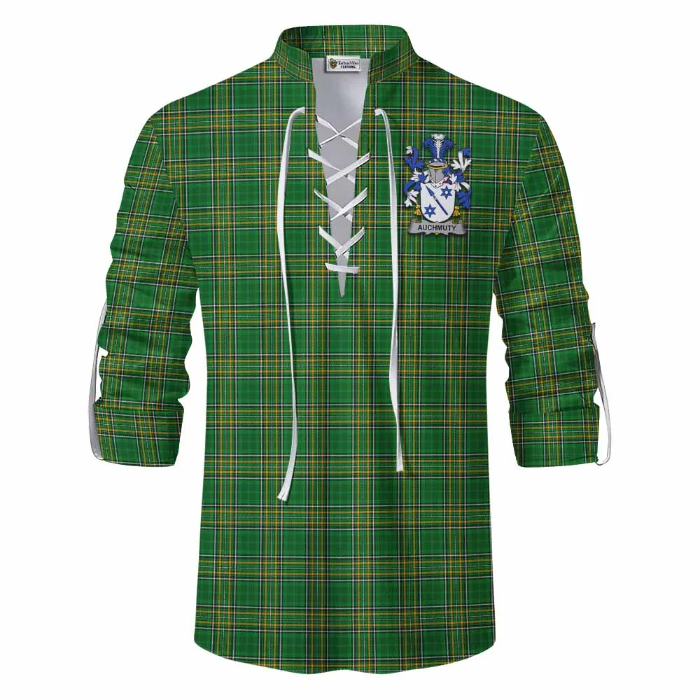 Auchmuty Irish Clan Tartan Ghillie Kilt Shirt with Coat of Arms