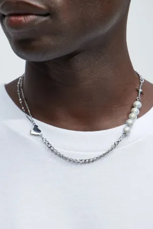 Axel Multi Chain Beaded Necklace - White/Silver