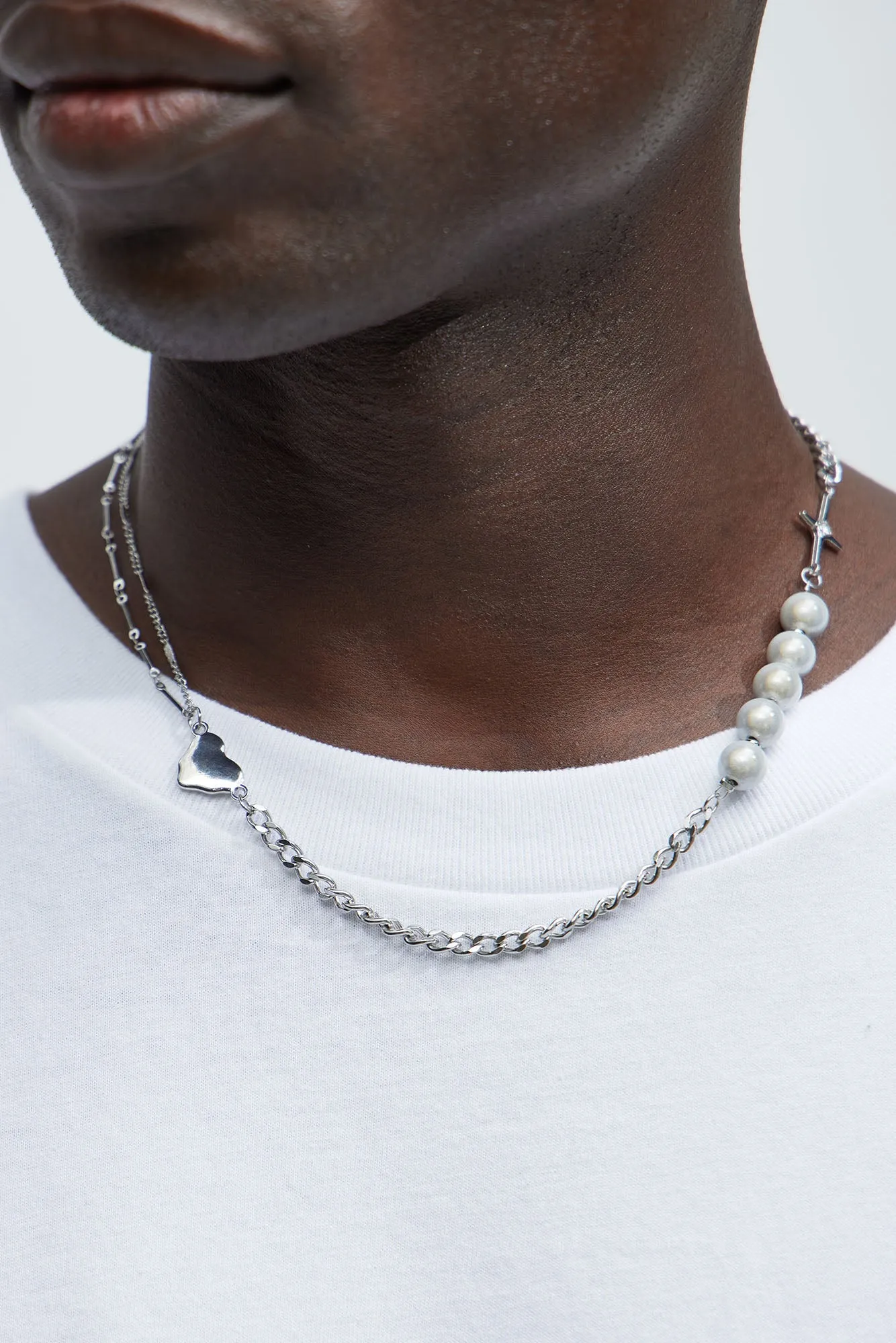 Axel Multi Chain Beaded Necklace - White/Silver