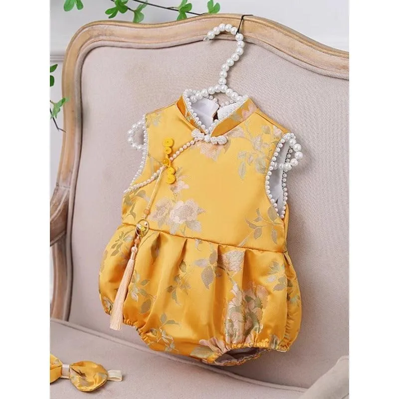 Baby one-year-old evening dress Chinese style gold embroidered beaded baby romper sleeveless national style jumpsuit