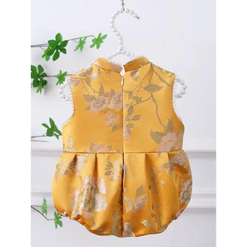 Baby one-year-old evening dress Chinese style gold embroidered beaded baby romper sleeveless national style jumpsuit