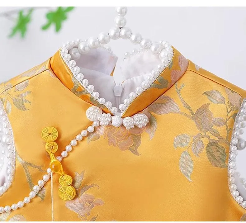 Baby one-year-old evening dress Chinese style gold embroidered beaded baby romper sleeveless national style jumpsuit