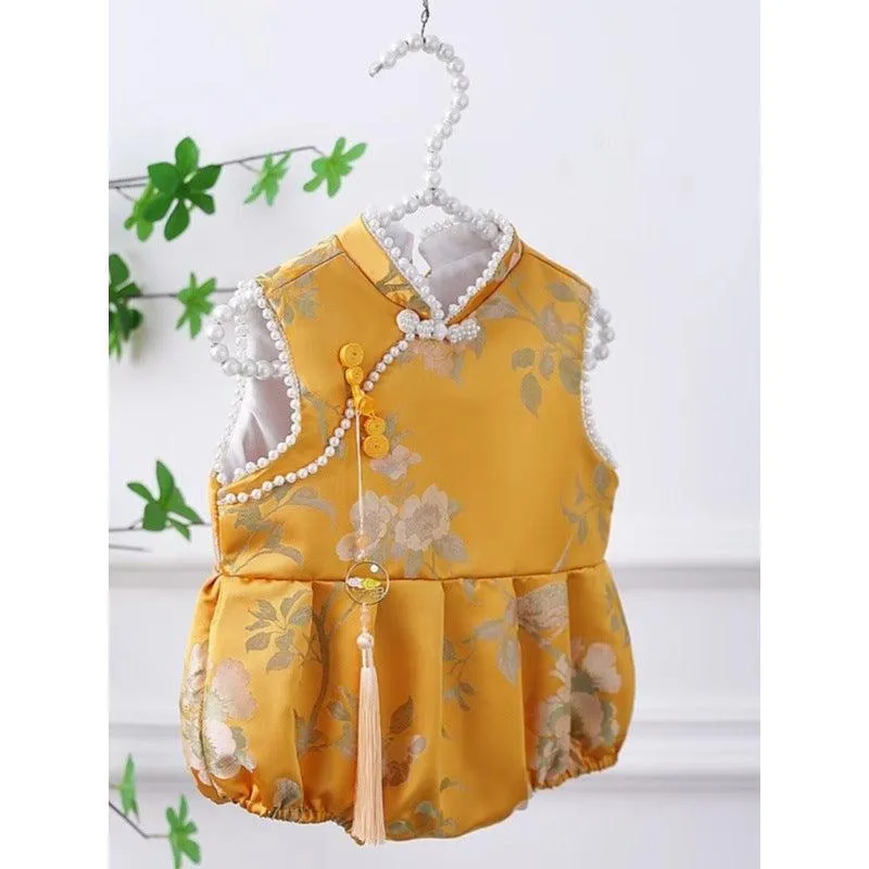 Baby one-year-old evening dress Chinese style gold embroidered beaded baby romper sleeveless national style jumpsuit