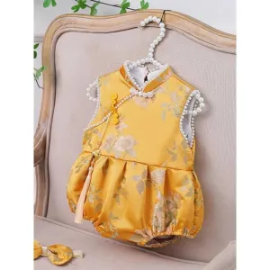 Baby one-year-old evening dress Chinese style gold embroidered beaded baby romper sleeveless national style jumpsuit