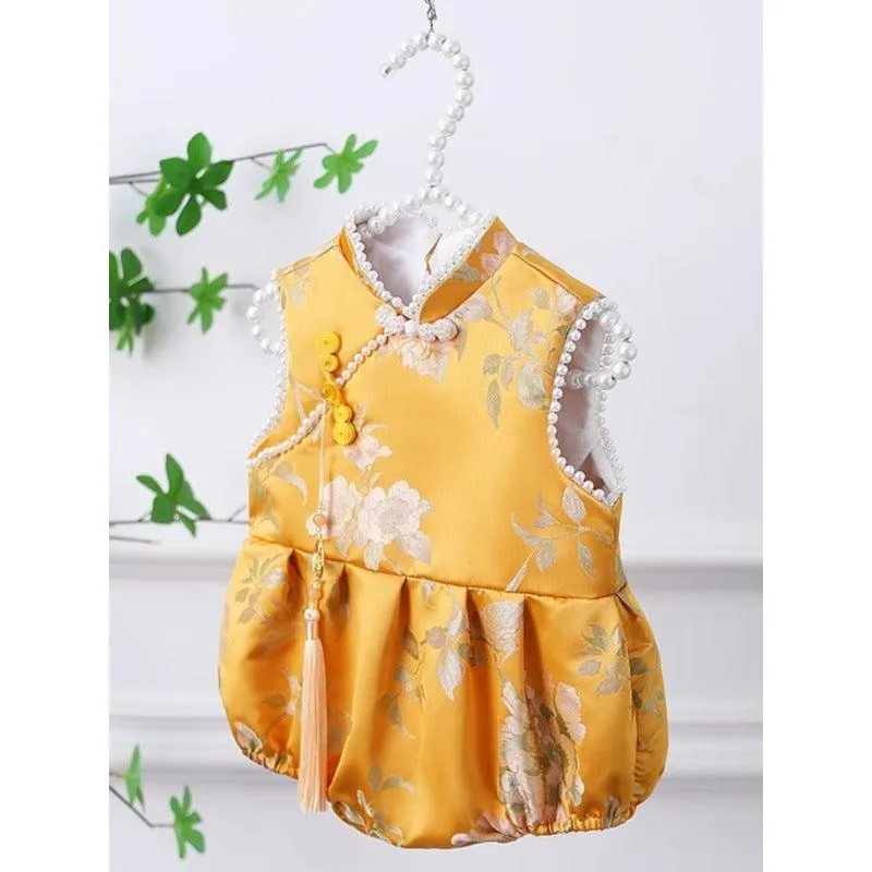 Baby one-year-old evening dress Chinese style gold embroidered beaded baby romper sleeveless national style jumpsuit