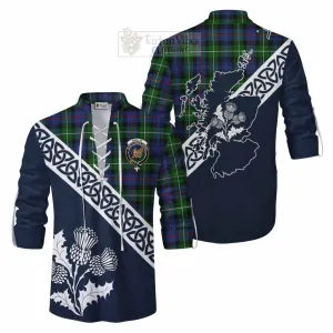 Baillie (Bailey) Tartan Ghillie Kilt Shirt Featuring Thistle and Scotland Map