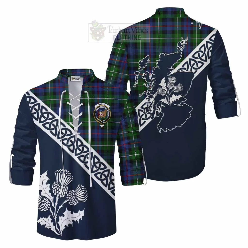 Baillie (Bailey) Tartan Ghillie Kilt Shirt Featuring Thistle and Scotland Map