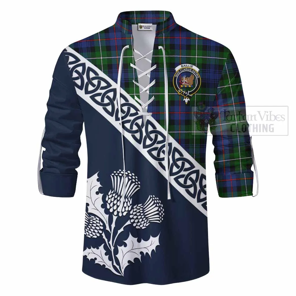 Baillie (Bailey) Tartan Ghillie Kilt Shirt Featuring Thistle and Scotland Map