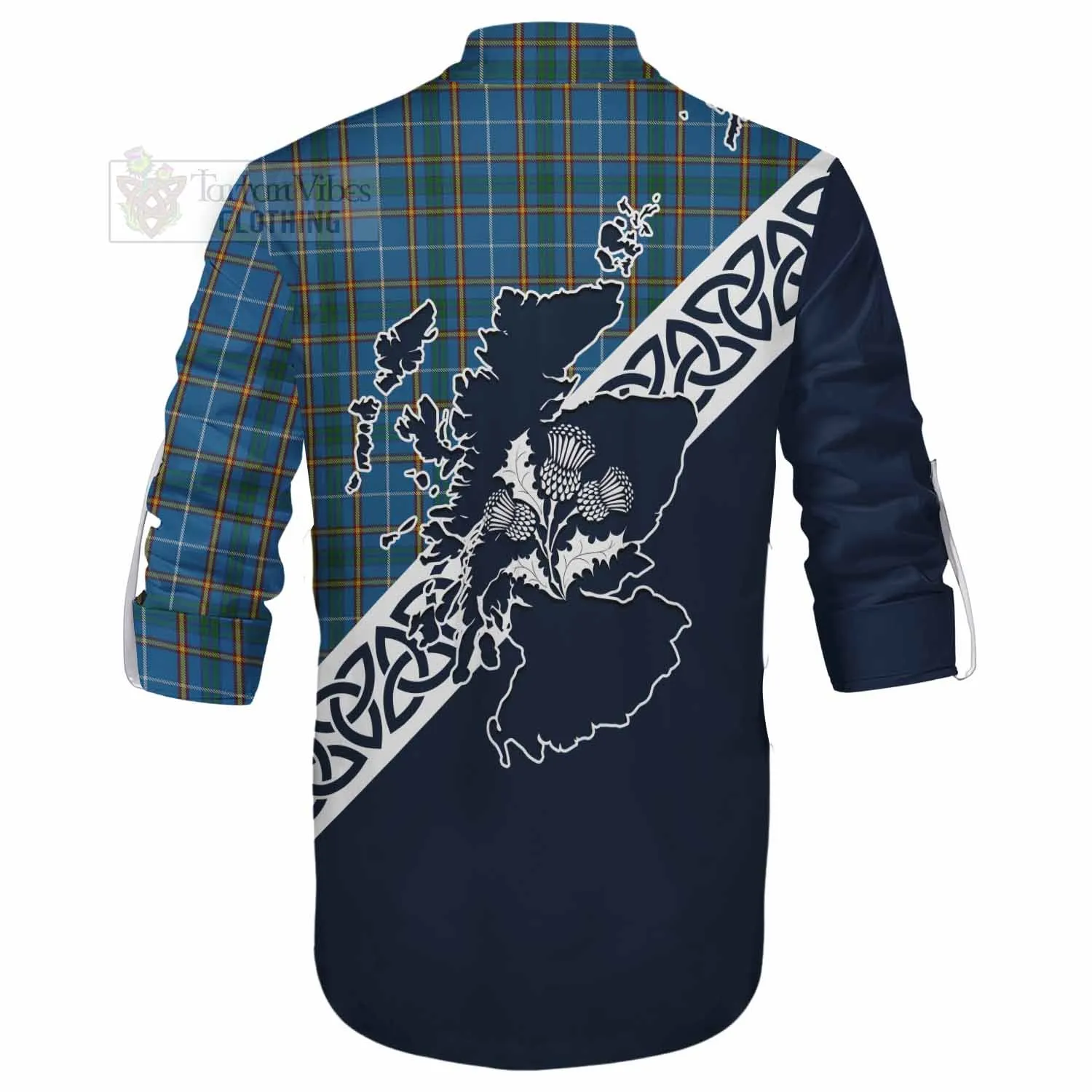 Bain Tartan Ghillie Kilt Shirt Featuring Thistle and Scotland Map