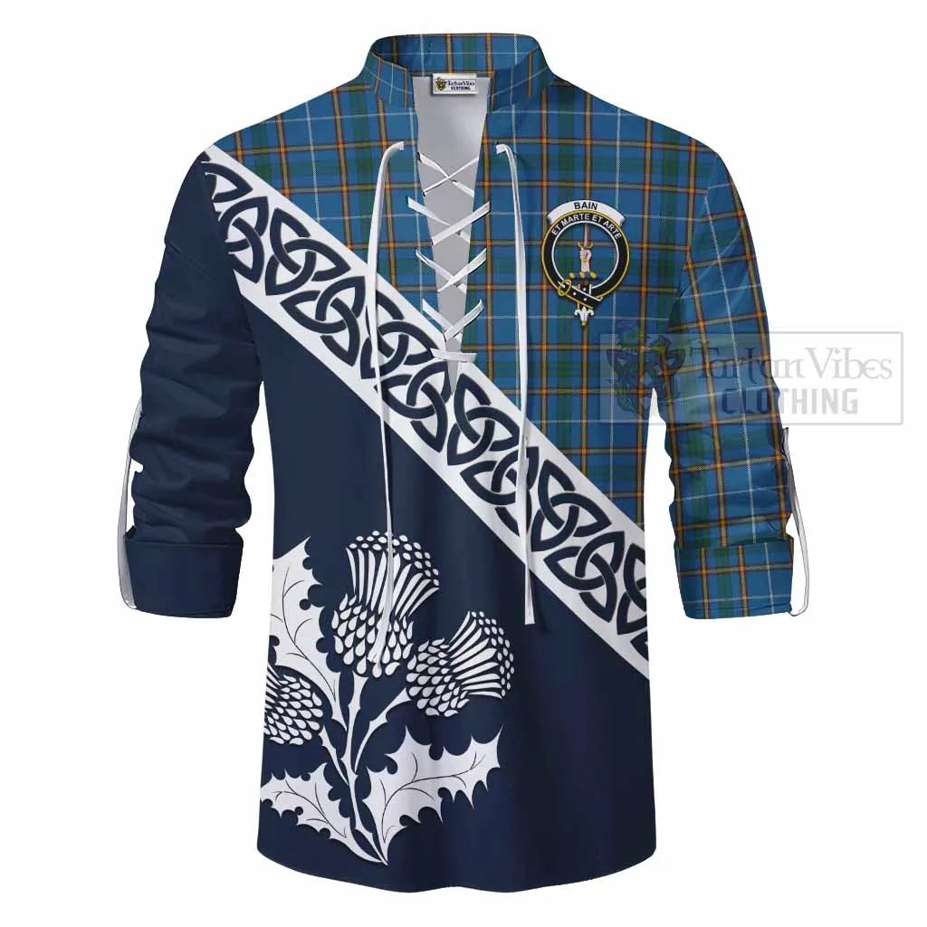 Bain Tartan Ghillie Kilt Shirt Featuring Thistle and Scotland Map