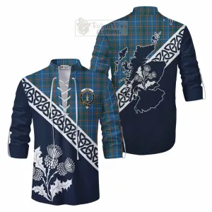 Bain Tartan Ghillie Kilt Shirt Featuring Thistle and Scotland Map