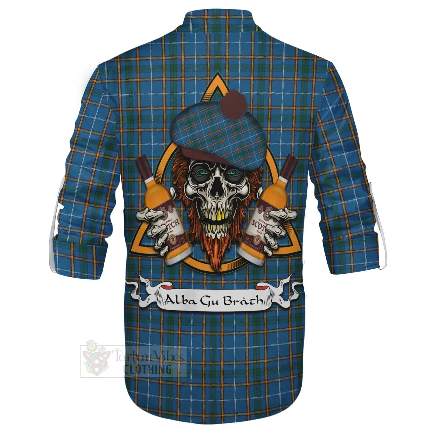 Bain Tartan Ghillie Kilt Shirt with Family Crest and Bearded Skull Holding Bottles of Whiskey