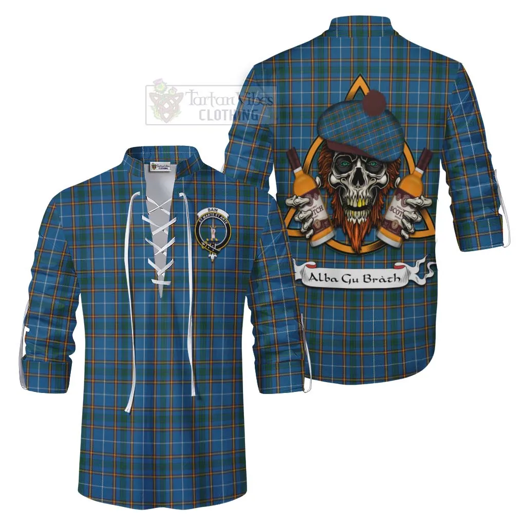 Bain Tartan Ghillie Kilt Shirt with Family Crest and Bearded Skull Holding Bottles of Whiskey