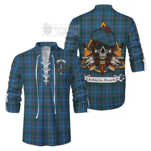Bain Tartan Ghillie Kilt Shirt with Family Crest and Bearded Skull Holding Bottles of Whiskey
